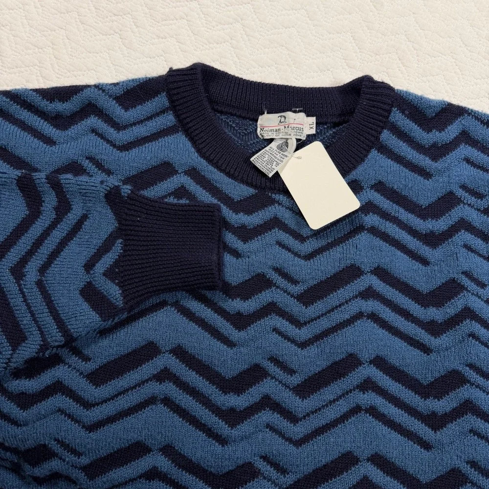 Vtg Neiman Marcus Mens XL Blue Black Zig Zag Knit Sweater Long Sleeve‎ 100% Wool